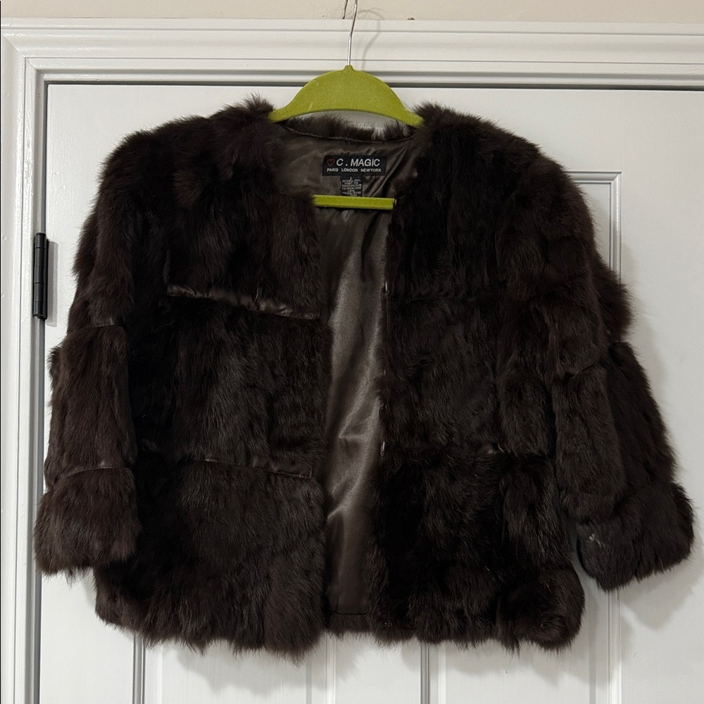 Rabbit Fur PEA COAT Cropped Jacket Sz L Dark Brown Topper Prom Glam 3/4 Sleeve